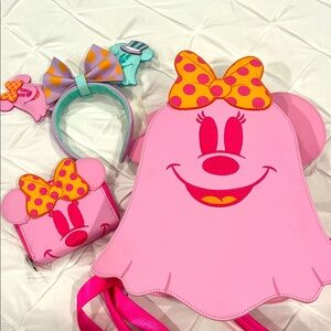 Pink Ghost Loungefly Set, used one day at Disneyland. Ears, wallet & backpack